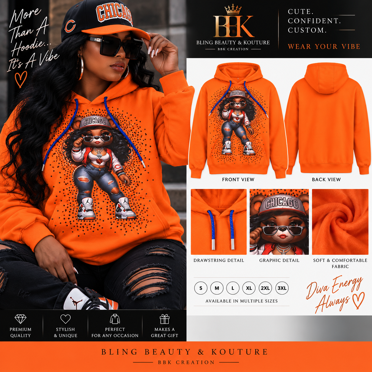 Diva Bear orange hoodie lifestyle and product detail mockup