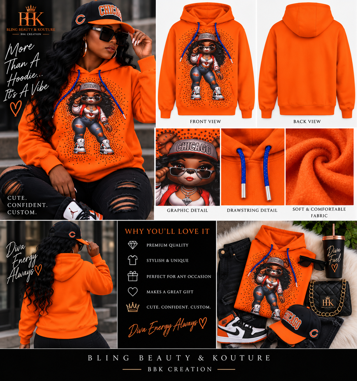 Diva Bear orange hoodie styled product mockup